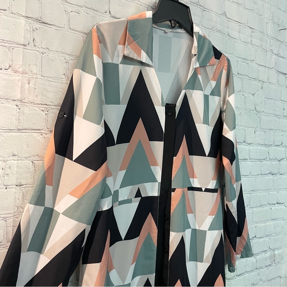 Geometric Chevron Maxi Shirt Dress Long Button Front Jacket Black Sage Peach - Picture 4 of 9